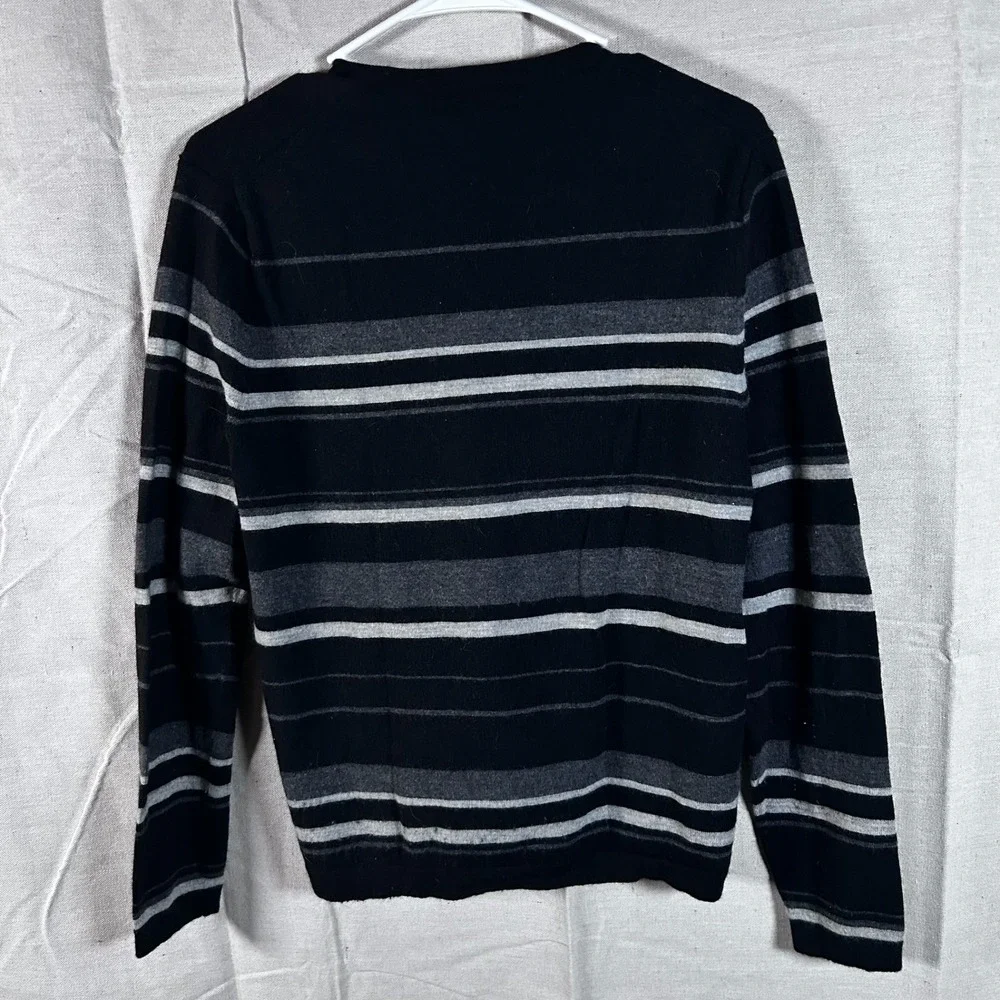 Banana Republic Men Merino Wool V-Neck Sweater Small Black Gray Striped Pullover